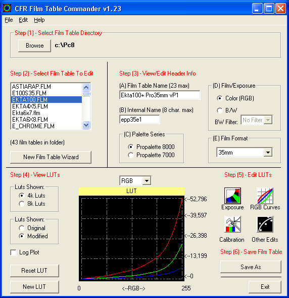 Editing film tables with CFR Film Table Commander