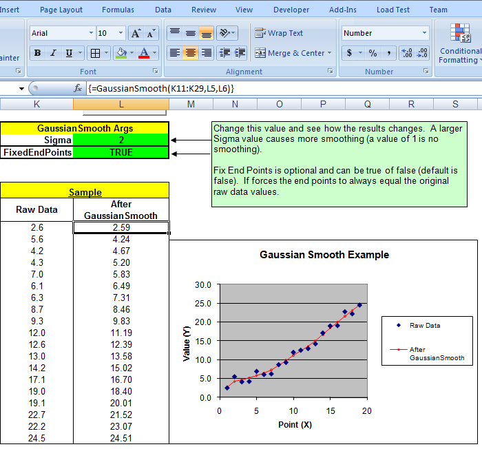 Smoothing data in Microsoft Excel using Data Curve Fit Creator Add-in