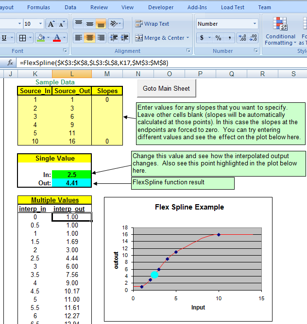 Spline interpolation in Microsoft Excel using Data Curve Fit Creator Add-in