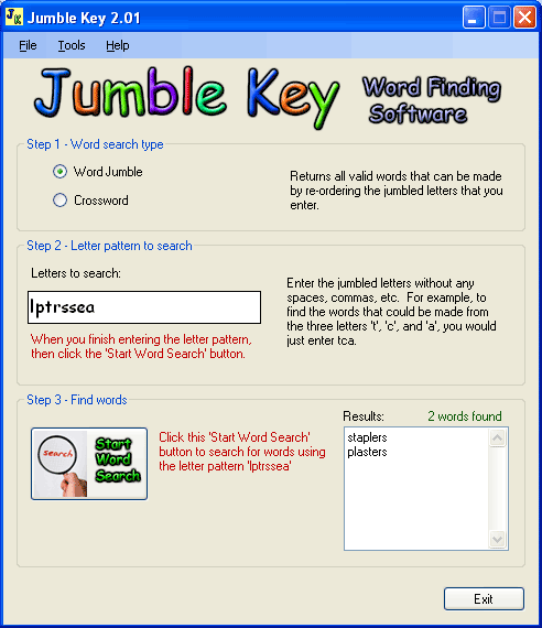 Jumble Key solves Word Jumble and Crossword puzzles, quickly and easily.